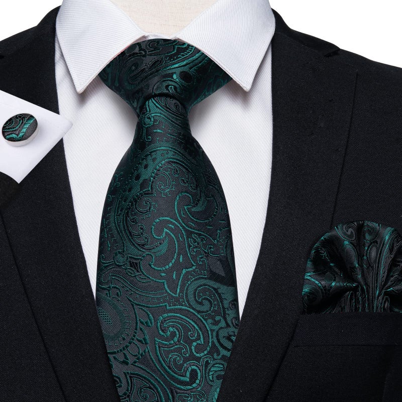 DiBanGu Paisley Mens Tie Set Black Green Tie Silk Woven Jacquard Necktie and Pocket Square Cufflinks Set Formal Bussiness - Image 3