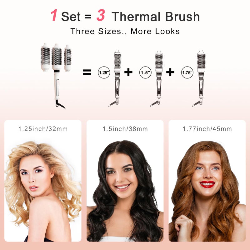 K&K 3 in 1 Thermal Brush Set, Ceramic Hot Brush, Fast Heating Curling Wand for Short, Medium & Long Hair, 5 Temperature Adjustment, Dual Voltage - Image 4