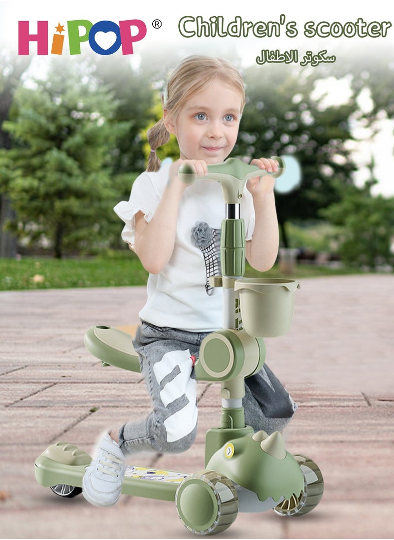 HIPOP - Foldable Kids Scooter with Seat And Light,Cartoon Dinosaur Style,Sittable And Slidable,Anti-Rollover Children's Scooter as Boys and Girls Gift - Image 1