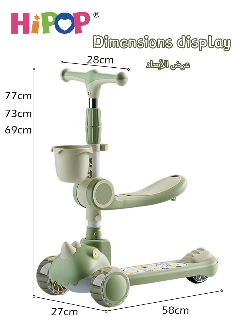 HIPOP - Foldable Kids Scooter with Seat And Light,Cartoon Dinosaur Style,Sittable And Slidable,Anti-Rollover Children's Scooter as Boys and Girls Gift - Image 1