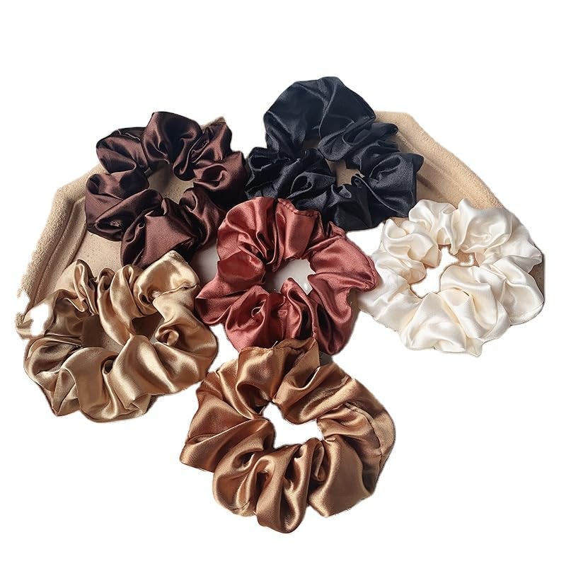 RR DESIGN Silk Hair Scrunchies, Pack of 4, Neutral Colors - Cream, Beige, Brown, Black - Image 2