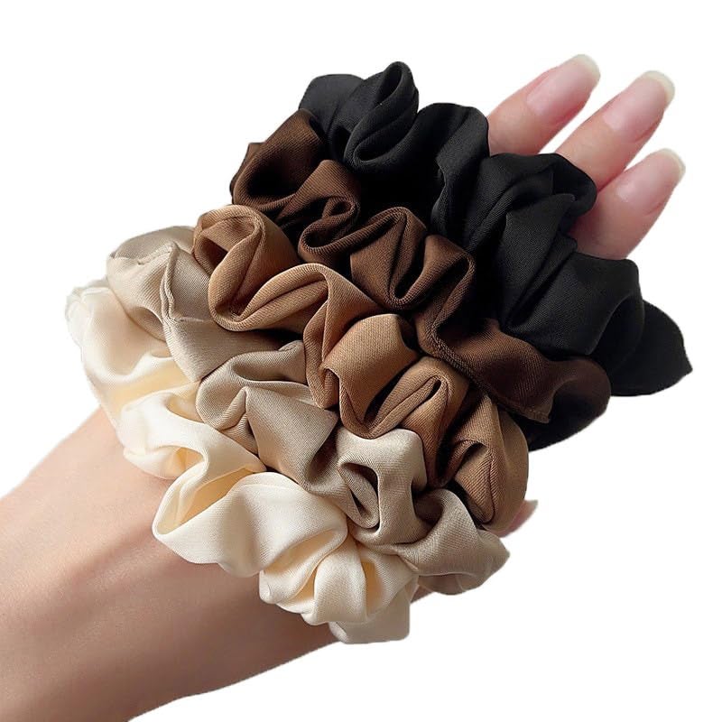 RR DESIGN Silk Hair Scrunchies, Pack of 4, Neutral Colors - Cream, Beige, Brown, Black - Image 1