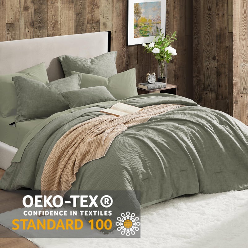Geniospin King Size Comforter Set- 7 Piece Sage Green Textured King Bedding Set, Soft Solid Bed in a Bag for All Season, King Comforter Set with Sheets(Sage Green,102''x90'') - Image 2