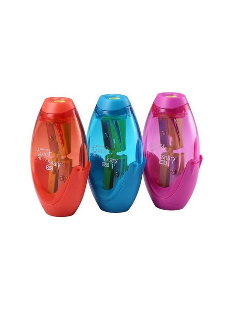 Office Twist N Sharp Manual Pencil Sharpener Double Hole 3 Pack Blue Orange Pink (Ps2 Asst 3Pk)