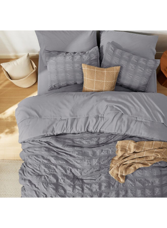 Bedsure Bedsure Bed in a Bag Queen - Queen Comforter Set 7 Pieces Plaid Seersucker Bedding Set, Soft Lightweight Down Alternative Comforter, Queen Bed Set (Grey Plaid, Queen)  - Image 2