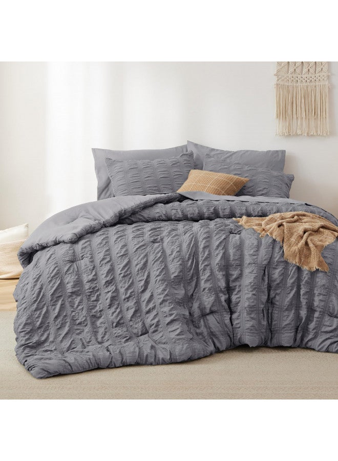 Bedsure Bedsure Bed in a Bag Queen - Queen Comforter Set 7 Pieces Plaid Seersucker Bedding Set, Soft Lightweight Down Alternative Comforter, Queen Bed Set (Grey Plaid, Queen)  - Image 1