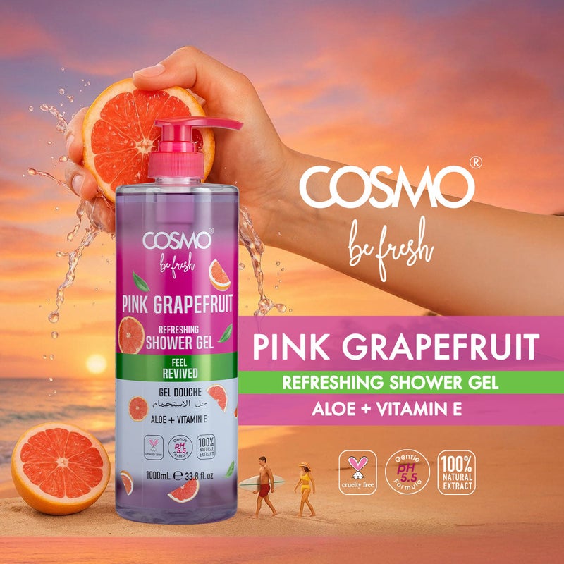COSMO Cosmo Be Fresh Pink Grapefruit Shower Gel with Aloe Vera & Vitamin E 1000ml, Refreshing Citrus Body Wash for Soft, Feel Revived & Glowing Skin, Daily Cleanser, Energizing Scent for Men & Women - Image 2