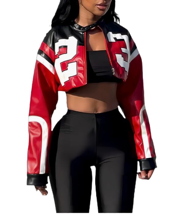 VOIKERDR Leather Jacket Cropped Jacket Motorcycle Jacket Y2K Letter Bomber Jacket Women Faux Leather Jacket Streetwear - Image 1