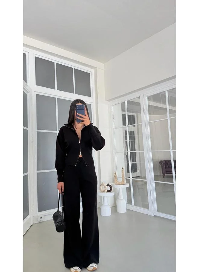 Black Double-Zip Cardigan with Elastic Waist Pants Two-Piece Knit Set GAUS-01965 GAUS-01902.
