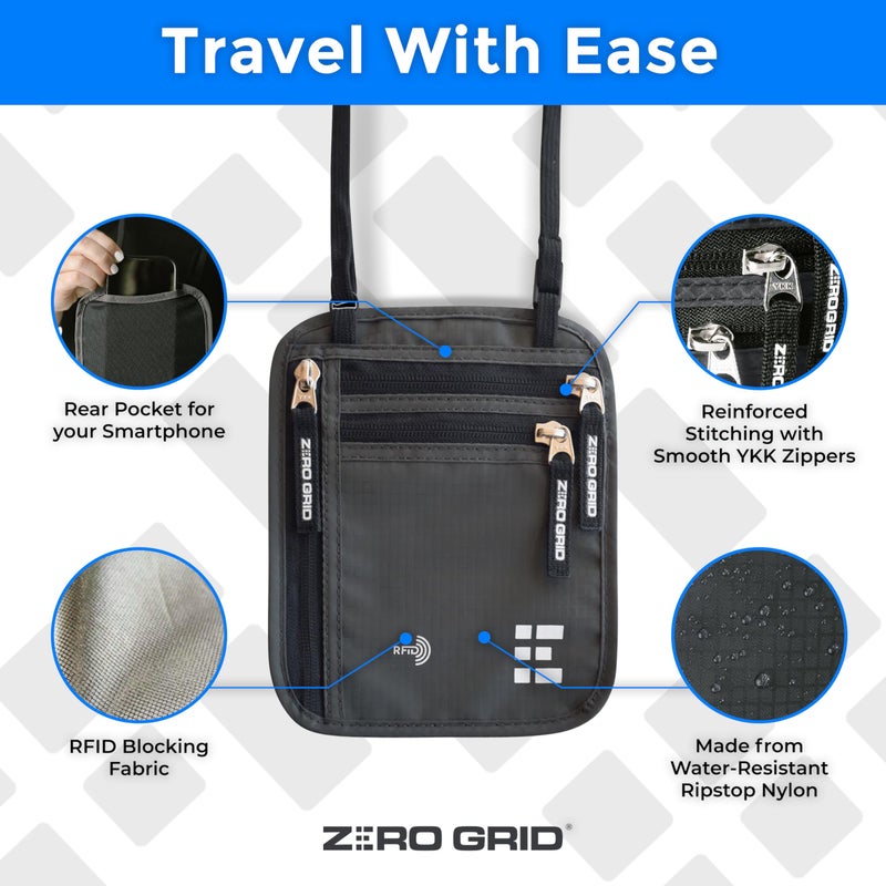 Zero Grid محفظة عنق للسفر وحامل جواز السفر مع حجب RFID - حقيبة سفر نحيفة وسهلة الإخفاء من النايلون للرجال والنساء - تحمل الهاتف والنقود والبطاقات والمفاتيح - مقاومة للعرق والماء - كبيرة - رمادي داكن - Image 4