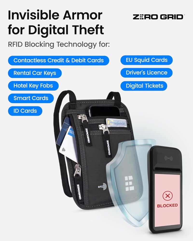 Zero Grid محفظة عنق للسفر وحامل جواز السفر مع حجب RFID - حقيبة سفر نحيفة وسهلة الإخفاء من النايلون للرجال والنساء - تحمل الهاتف والنقود والبطاقات والمفاتيح - مقاومة للعرق والماء - كبيرة - رمادي داكن - Image 3