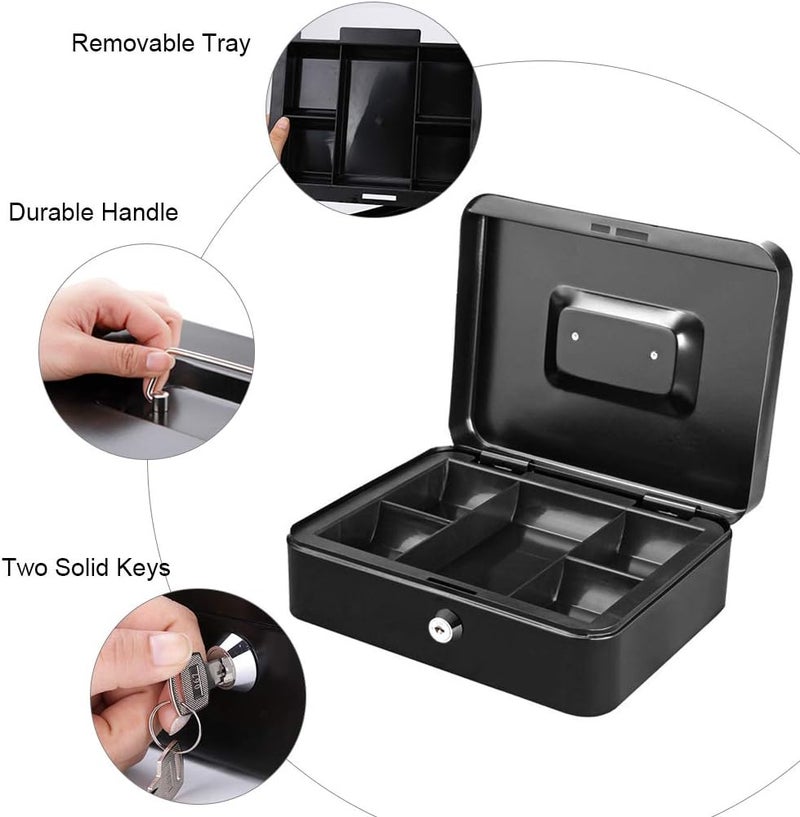 Parrency Cash Box with Money Tray, Large Money Box with Key Lock, 9.8 x 7.9 x 3.5 inches, Black - Image 3