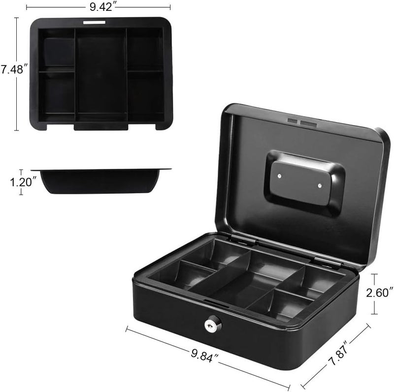 Parrency Cash Box with Money Tray, Large Money Box with Key Lock, 9.8 x 7.9 x 3.5 inches, Black - Image 2