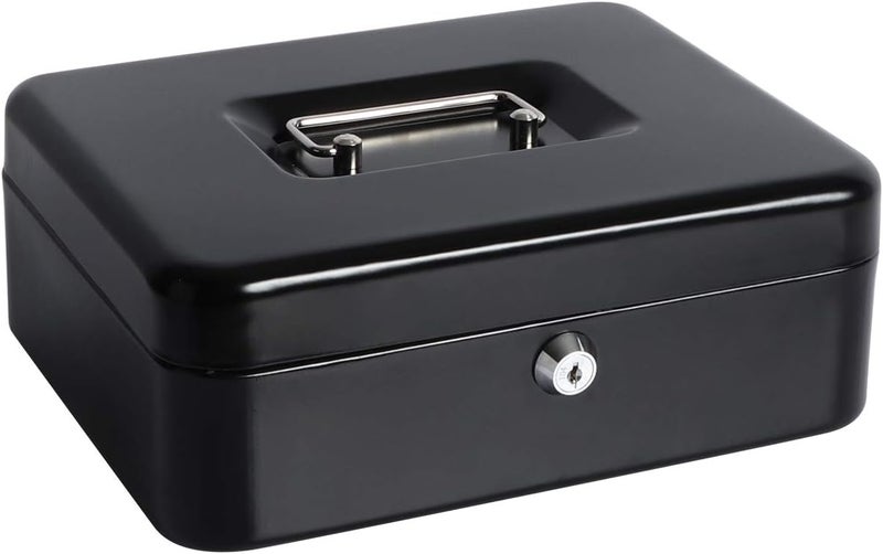 Parrency Cash Box with Money Tray, Large Money Box with Key Lock, 9.8 x 7.9 x 3.5 inches, Black - Image 1
