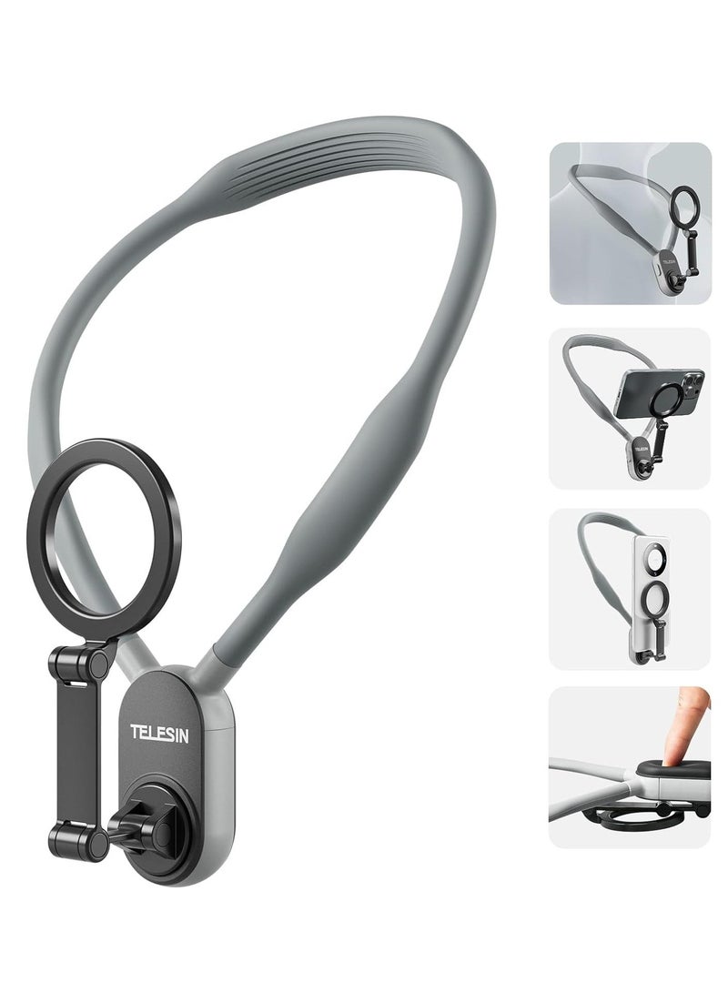TELESIN Magnetic Neck Mount for Phones, Cell Phone Holder Stand Hanging on Neck POV/Vlog Selfie Hand Free Necklace Phone Strap Video Recording for iPhone 15 14 13 12 Series Android Phones (Grey)  - Image 1