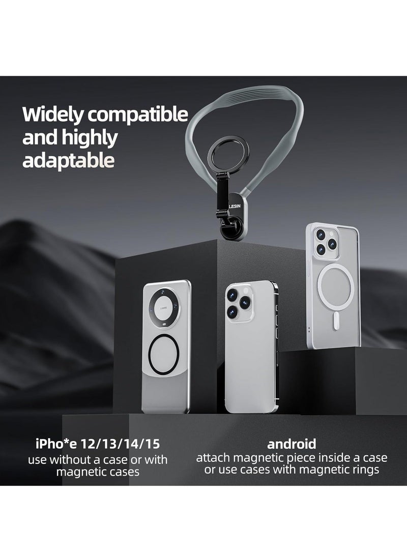 TELESIN Magnetic Neck Mount for Phones, Cell Phone Holder Stand Hanging on Neck POV/Vlog Selfie Hand Free Necklace Phone Strap Video Recording for iPhone 15 14 13 12 Series Android Phones (Grey)  - Image 2