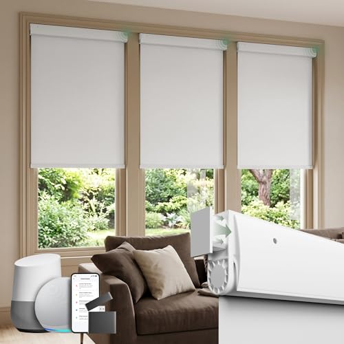 DONGFXK Motorized Blinds with Remote, Blackout No Drill Cordless Smart Roller Shades, Automatic Blinds for Windows, White,24" W x 72" H - Image 1