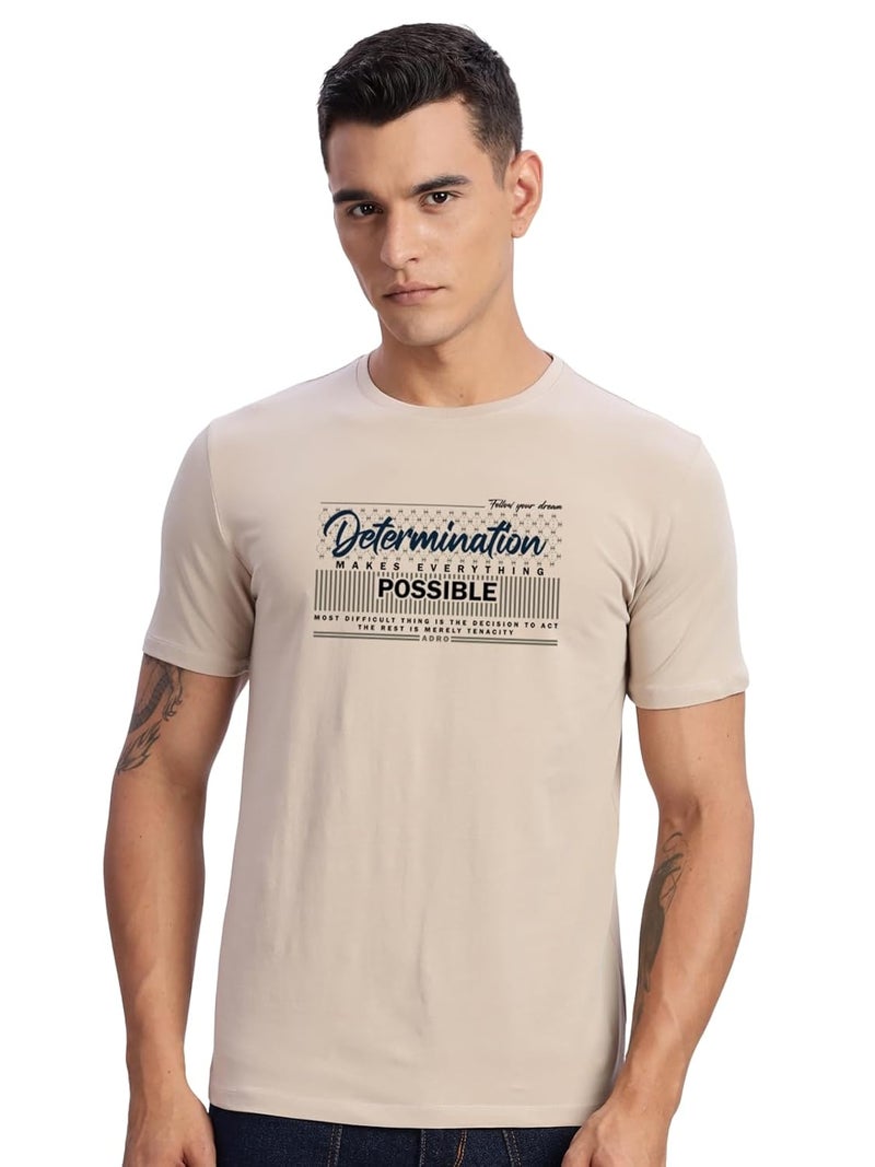 ADRO Men's Printed Beige T-Shirt - Premium Lycra Cotton Regular Fit - Image 1