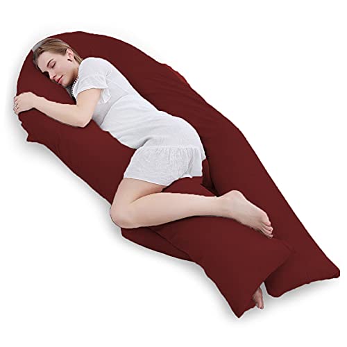 Texlux Long U Shaped Pregnancy Pillow/Body Pillow/Lumbar Pillow/Maternity Pillow with Cotton Zippered Cover-Maroon - Image 1