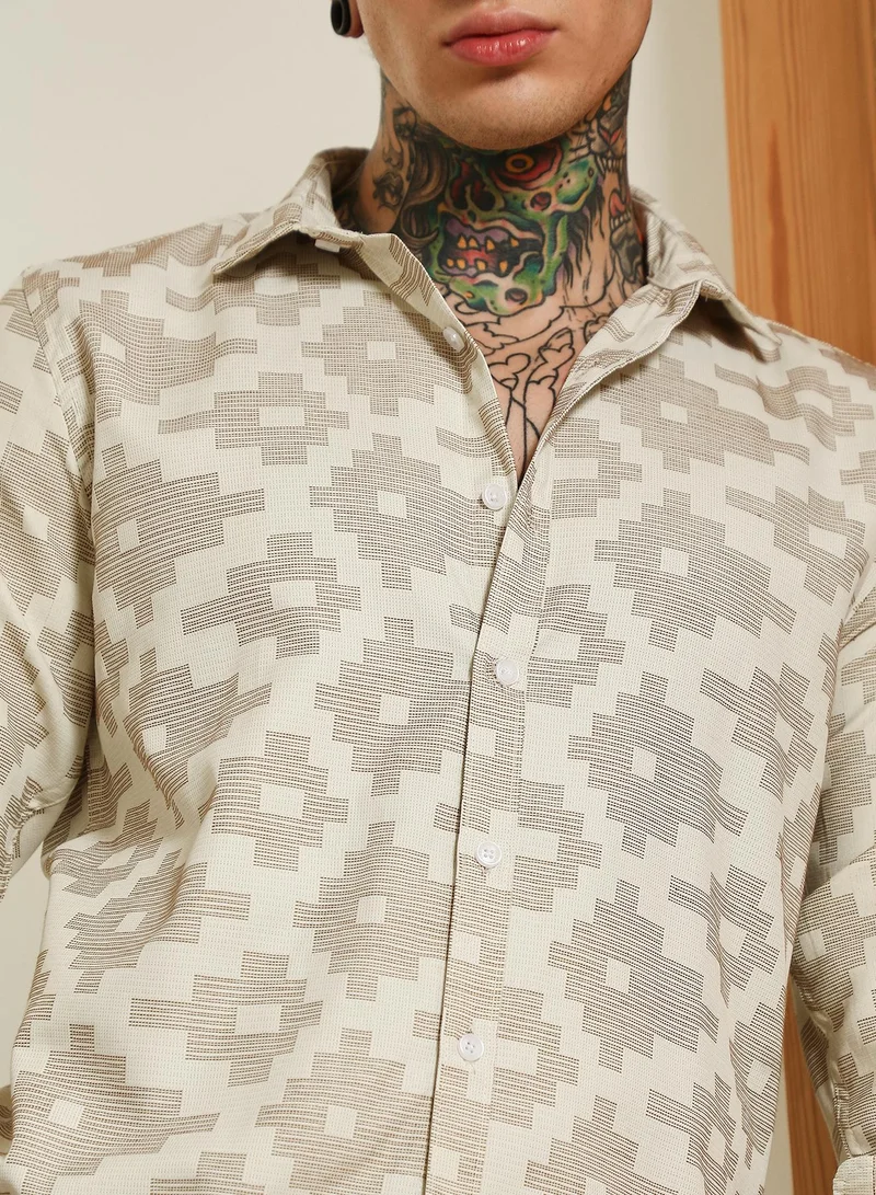 Campus Sutra Men's Geometric Pattern Cotton Blend Full Sleeve Shirt