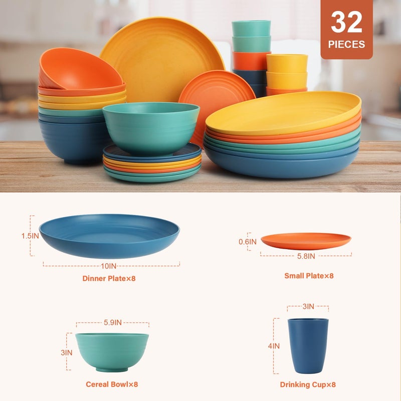 BUSOKIP Wheat Straw Dinnerware Sets for 8, Unbreakable Plates and Bowls Sets for 8, 32-Piece Dishes Set, Microwave Safe Plastic Plates Reusable, Cups and Bowls Sets for Kitchen, Outdoor - Multi - Image 2