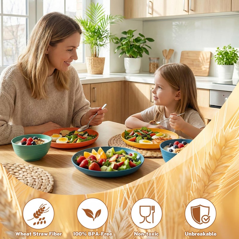 BUSOKIP Wheat Straw Dinnerware Sets for 8, Unbreakable Plates and Bowls Sets for 8, 32-Piece Dishes Set, Microwave Safe Plastic Plates Reusable, Cups and Bowls Sets for Kitchen, Outdoor - Multi - Image 3