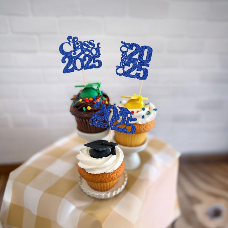 Ephlyn 30 Pack 2025 Graduation Theme Cupcake Toppers Glitter Class of 2025 Cupcake Picks Graduation Cap Cake Decorations for 2025 Graduation Theme Party Supplies Blue - Image 4