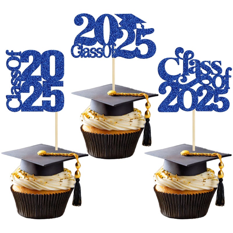 Ephlyn 30 Pack 2025 Graduation Theme Cupcake Toppers Glitter Class of 2025 Cupcake Picks Graduation Cap Cake Decorations for 2025 Graduation Theme Party Supplies Blue - Image 1