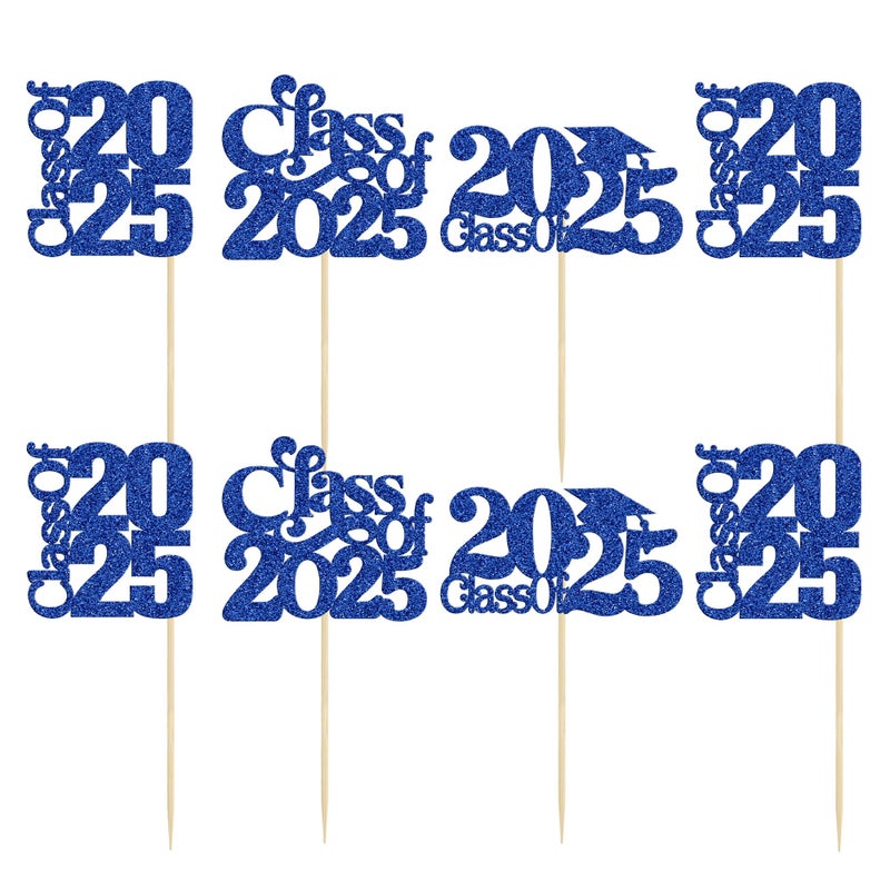 Ephlyn 30 Pack 2025 Graduation Theme Cupcake Toppers Glitter Class of 2025 Cupcake Picks Graduation Cap Cake Decorations for 2025 Graduation Theme Party Supplies Blue - Image 3