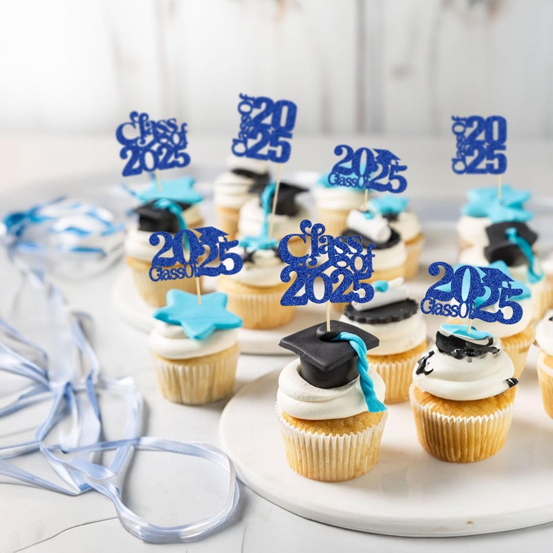 Ephlyn 30 Pack 2025 Graduation Theme Cupcake Toppers Glitter Class of 2025 Cupcake Picks Graduation Cap Cake Decorations for 2025 Graduation Theme Party Supplies Blue - Image 5