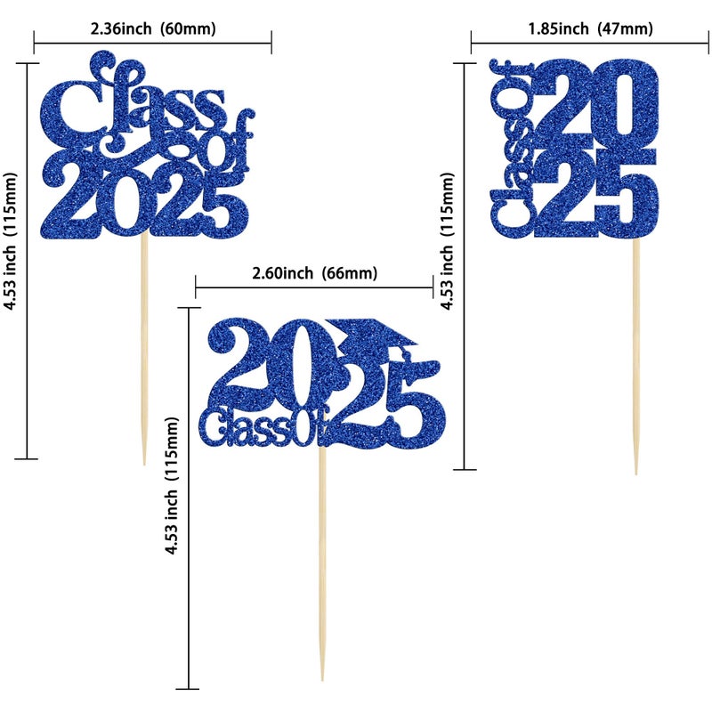 Ephlyn 30 Pack 2025 Graduation Theme Cupcake Toppers Glitter Class of 2025 Cupcake Picks Graduation Cap Cake Decorations for 2025 Graduation Theme Party Supplies Blue - Image 2