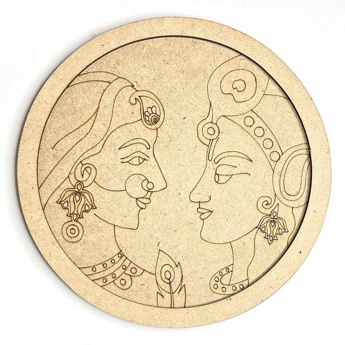 RADHA KRISHNA MDF ENGRAVED DESIGN WALL PLATE WITH FRAME DIY CRAFT SET OF 6