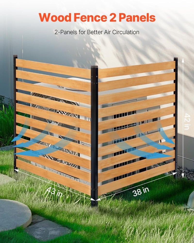 VEVOR Wood Privacy Fence, 38" W x 42" L, 2-Panel Slatted Air Conditioner Fence Screen, Pool Equipment Enclosure with Metal Stakes, Easy DIY Installation, Outdoor Trash Can Hider for Garden Decoration - Image 2
