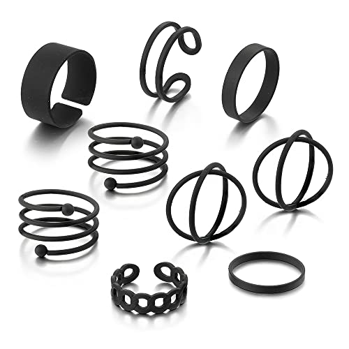 CSIYANJRY99 Black Rings for Women, Vintage Stackable Black Knuckle Rings Set Girls Midi Rings Boho Crystal Pearl Sea Wave Finger Ring Pack (E-black-9pcs) - Image 5