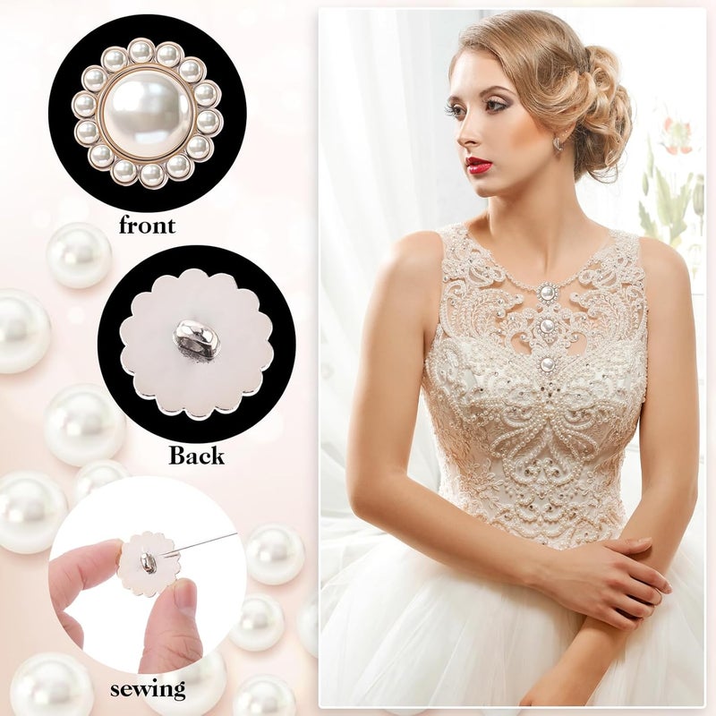 12 pieces of artificial pearl buttons - Set of vintage retro gold round acrylic pearl buttons with crystals for sewing, suits, knit sweaters, replacement crafts/White - Image 3
