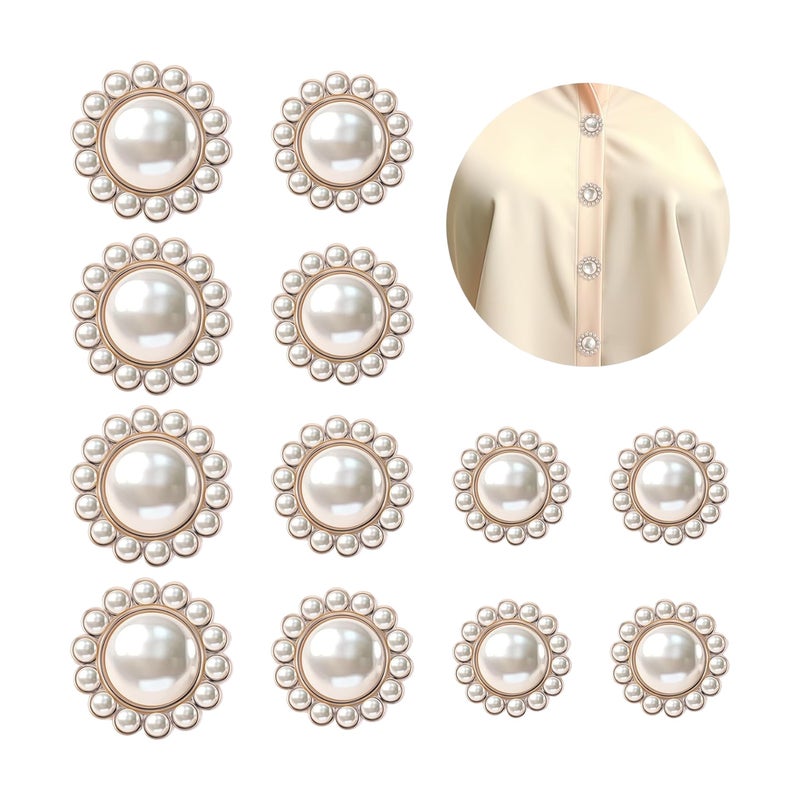 12 pieces of artificial pearl buttons - Set of vintage retro gold round acrylic pearl buttons with crystals for sewing, suits, knit sweaters, replacement crafts/White - Image 1