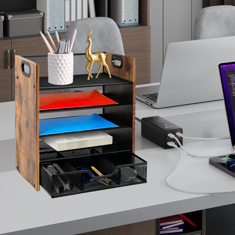 Boershun Wood Desk Organizer - 5-Tier Desktop File Organizer with Drawer, Wooden Paper Tray, Office Desk Organzier and Accessories for Papers, Mail, Notebooks, Stationery - Image 3