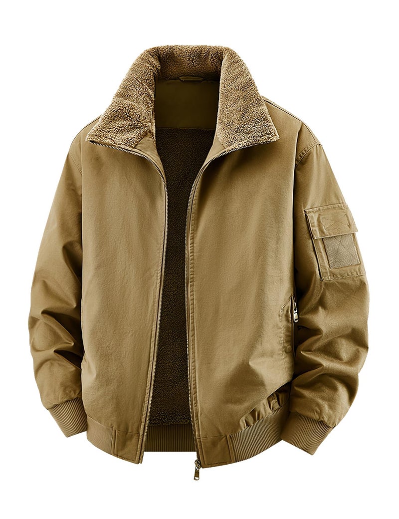 Eisctnd Men's Winter Sherpa Lined Bomber Jacket, Heavy Duty Warm Fleece Coat for Men with Zipper Pockets, Camel, XL - Image 1