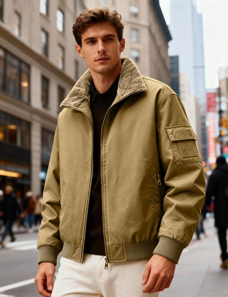 Eisctnd Men's Winter Sherpa Lined Bomber Jacket, Heavy Duty Warm Fleece Coat for Men with Zipper Pockets, Camel, XL - Image 4
