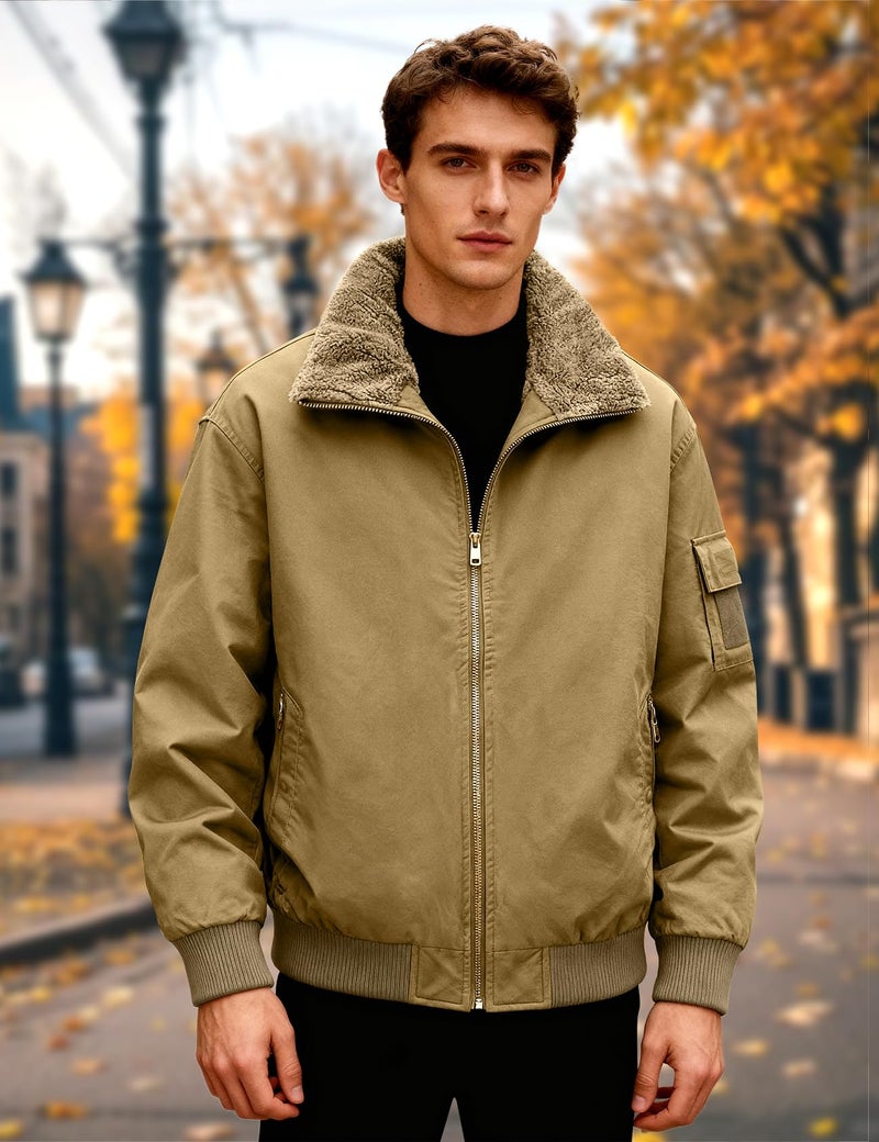 Eisctnd Men's Winter Sherpa Lined Bomber Jacket, Heavy Duty Warm Fleece Coat for Men with Zipper Pockets, Camel, XL - Image 3