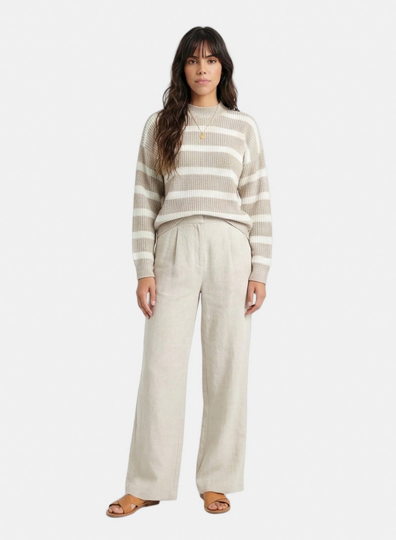 RAVIN Women Casual Striped Pullover With Ribbed Neck Pastel Beige White - Image 4