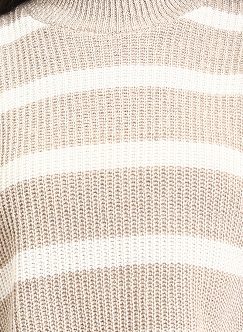 RAVIN Women Casual Striped Pullover With Ribbed Neck Pastel Beige White - Image 3