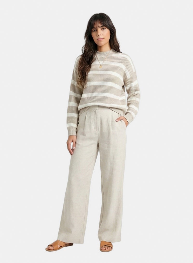 RAVIN Women Casual Striped Pullover With Ribbed Neck Pastel Beige White - Image 5