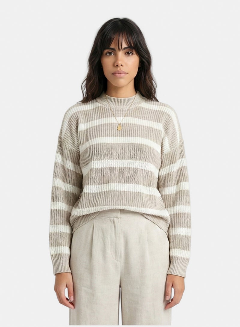 RAVIN Women Casual Striped Pullover With Ribbed Neck Pastel Beige White - Image 1