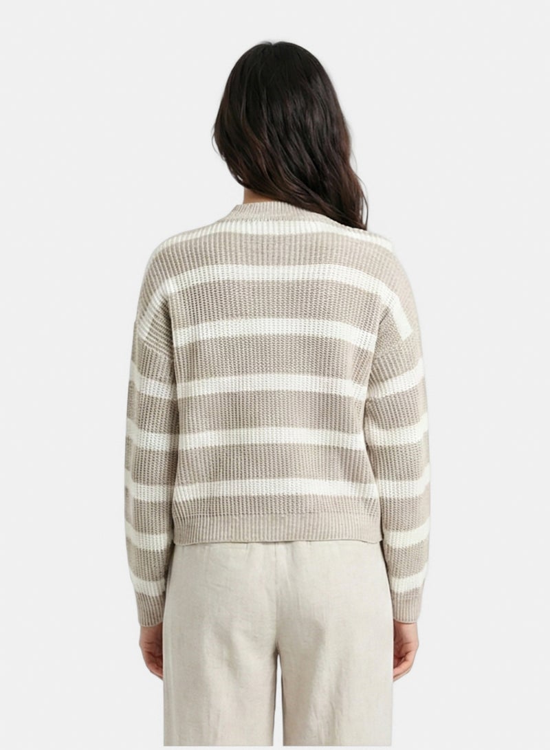 RAVIN Women Casual Striped Pullover With Ribbed Neck Pastel Beige White - Image 2