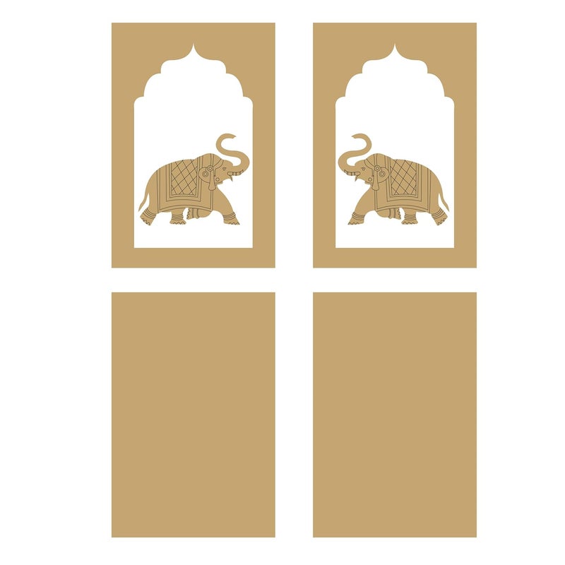 LETS DIY Jharokha with Elephant Both Side Face MDF Engraved Design with Square Shaped Base Cutout for DIY Craft Set of 2