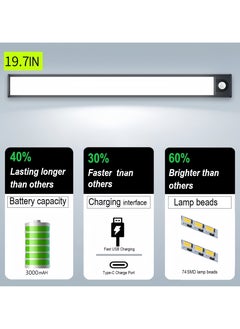 آه آه إضاءة LED أسفل الخزانة 19.7 بوصة مع مستشعر حركة داخلي، مصابيح خزانة قابلة لإعادة الشحن 3000 مللي أمبير في الساعة، مصابيح ليلية للمطبخ، 74 حبة مصباح أسفل المنضدة لخزانة الملابس والخزانة  - Image 4