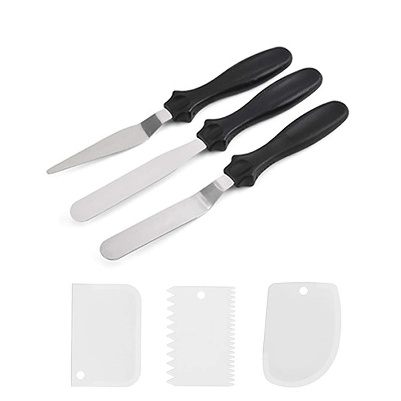 TSHAOUN Icing Spatulas Set 3 Pcs Stainless Steel Spatulas with 3 Pcs Plastic Cake Scrapers for Cream Spreading Cake Decorating Frosting Pastries Cupcake Black