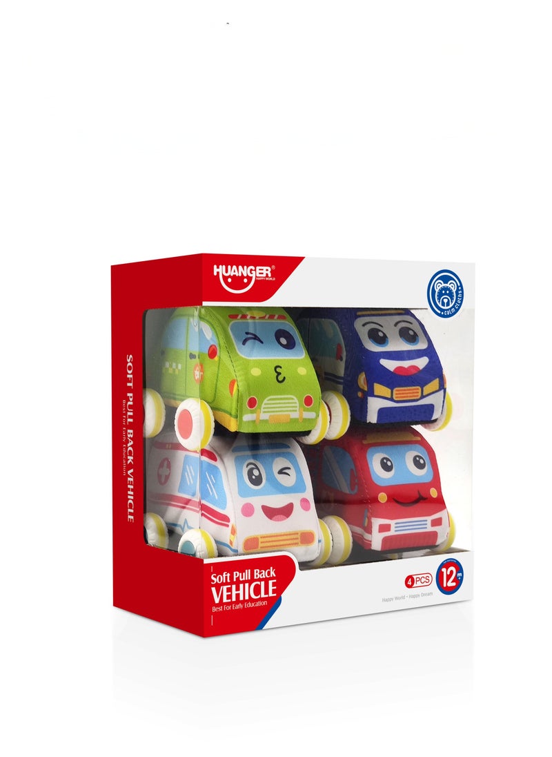 HUANGER Huanger Soft Pull Back Vehicle Set, 4 Pieces Baby Cars Toy Set with Police Car, Ambulance, Fire Truck, Green Car,9- 12+ Months 