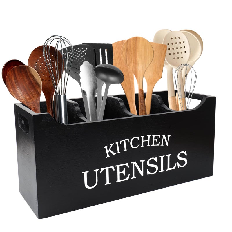 Karisky Utensil Holder for Kitchen Counter Wood Extra Large 4 Compartments Kitchen Utensil Holder with Drainage Bottom for Countertop Farmhouse Cooking Tools Organizer for Spatula Black - Image 2